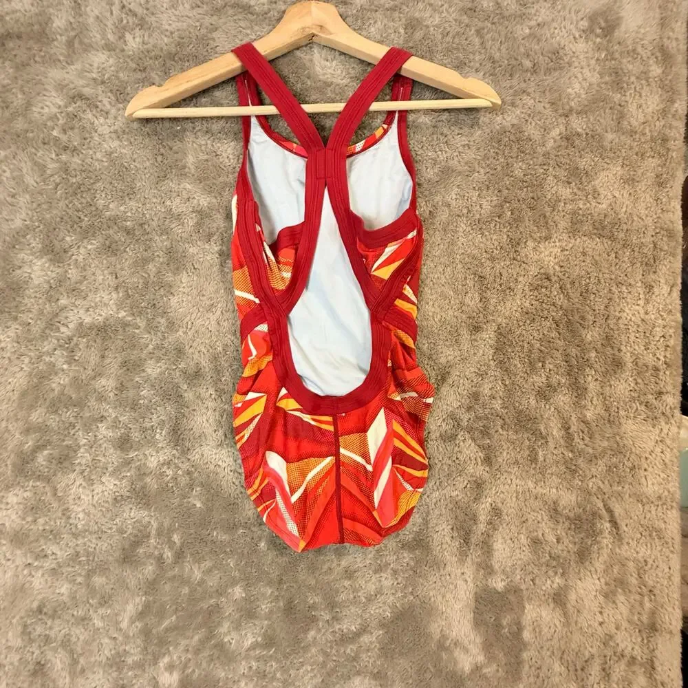 Nike Swimsuit Jagged Geo Red Orange Swimsuit One Piece Racerback 28 Girls 12